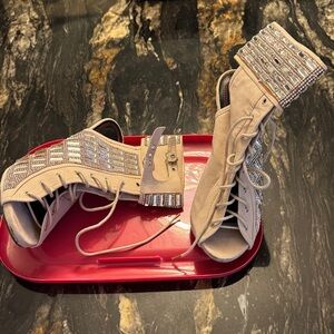 Chic Beige Lace-Up Women's Boots with Rhinestone Accents